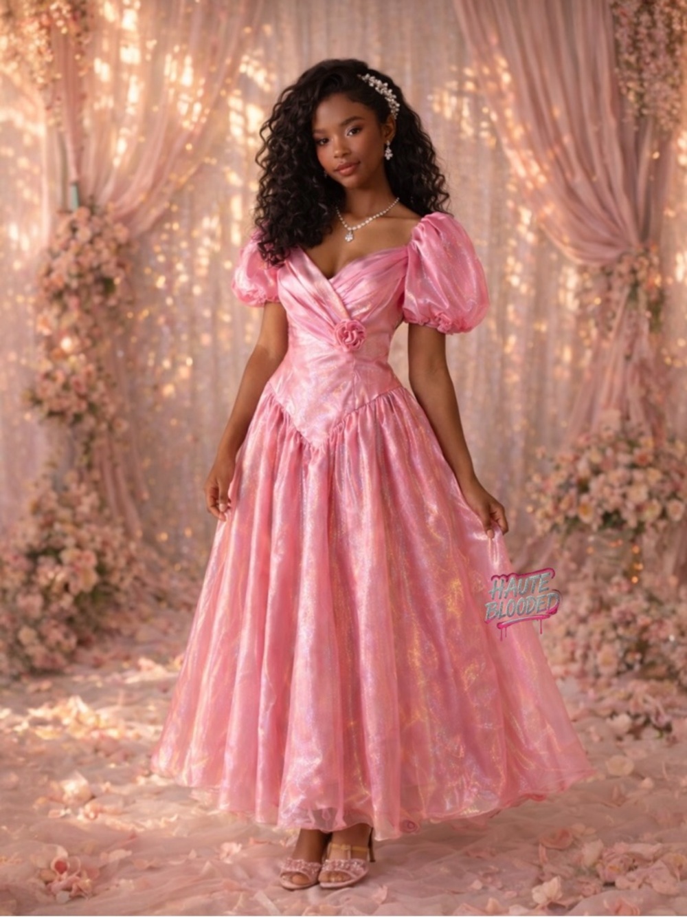 Vintage 80s Dress Shiny Rosette Puff Sleeve Princess Glinda Coquette Cottagecore